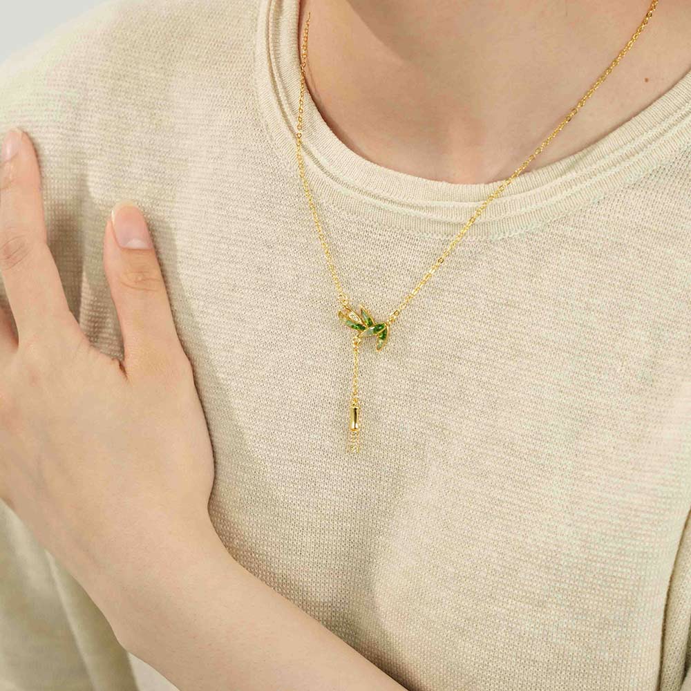 Jadeite Bamboo Leaf Necklace with Colored Stone Inlay