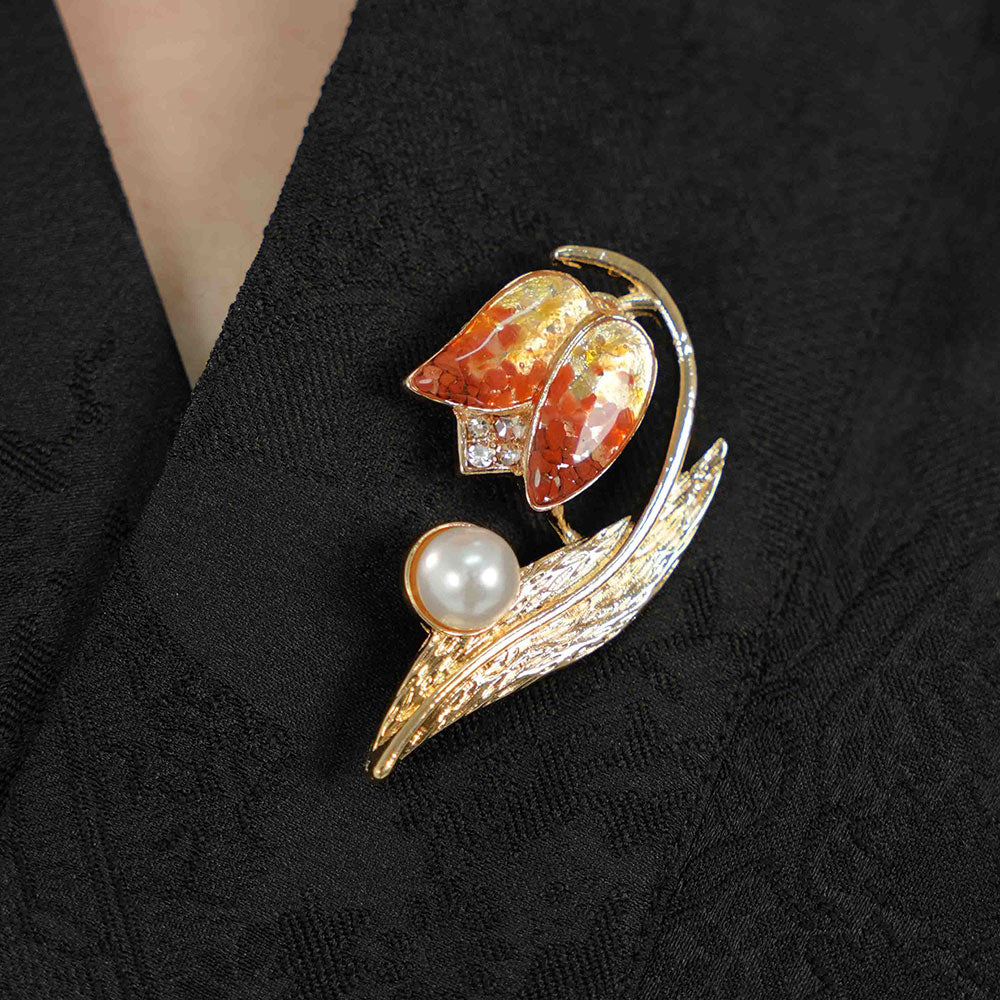 Red Tulip Brooch with Colored Stone Inlay