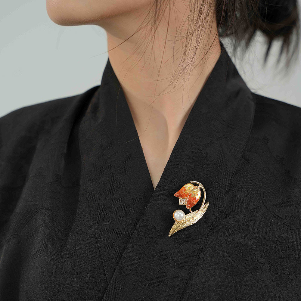 Red Tulip Brooch with Colored Stone Inlay
