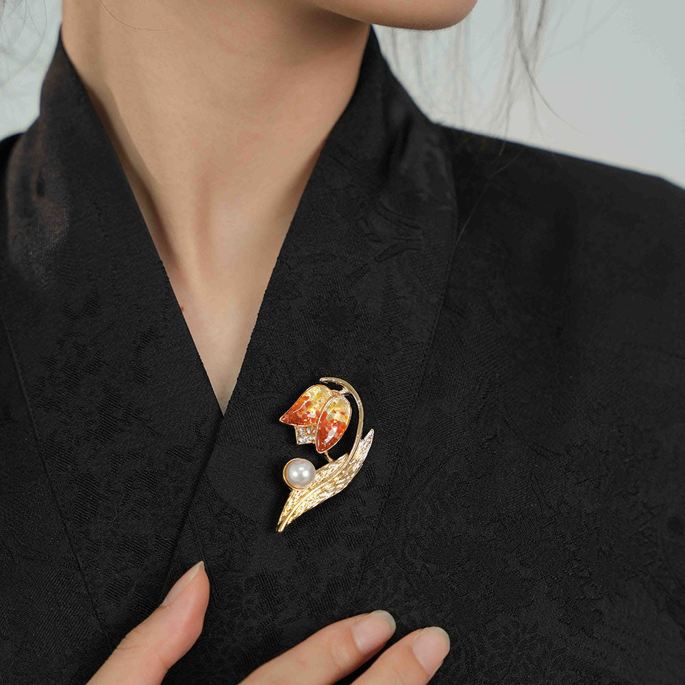 Red Tulip Brooch with Colored Stone Inlay