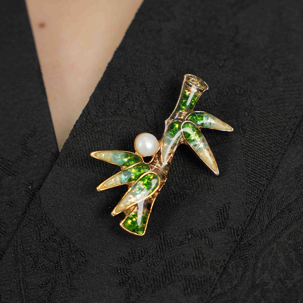 Jade Green Stone Inlay Bamboo Shape Brooch