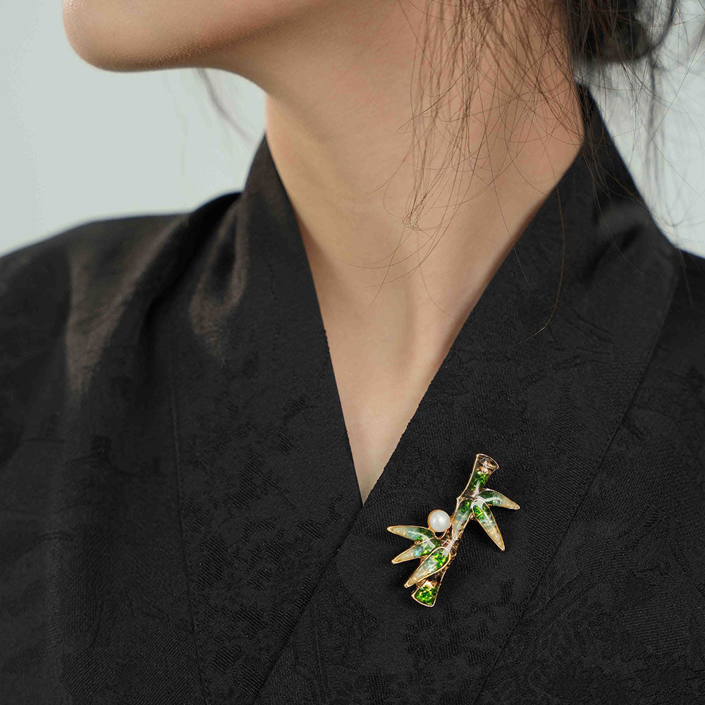 Jade Green Stone Inlay Bamboo Shape Brooch