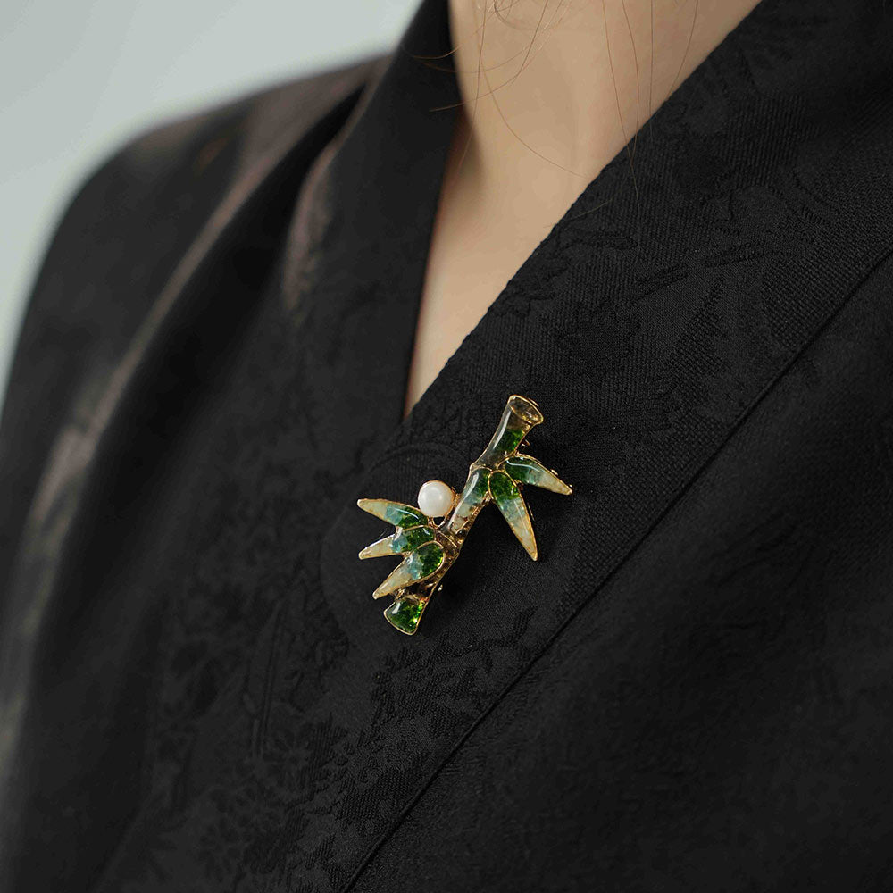Jade Green Stone Inlay Bamboo Shape Brooch