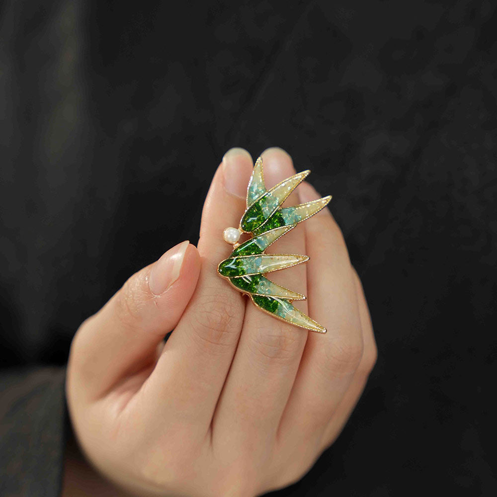 Jade Green Stone Inlay Bamboo Leaf Brooch