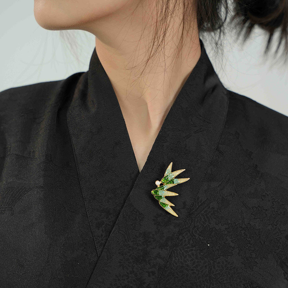 Jade Green Stone Inlay Bamboo Leaf Brooch