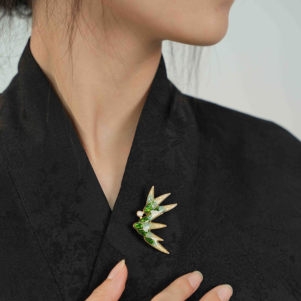 Jade Green Stone Inlay Bamboo Leaf Brooch