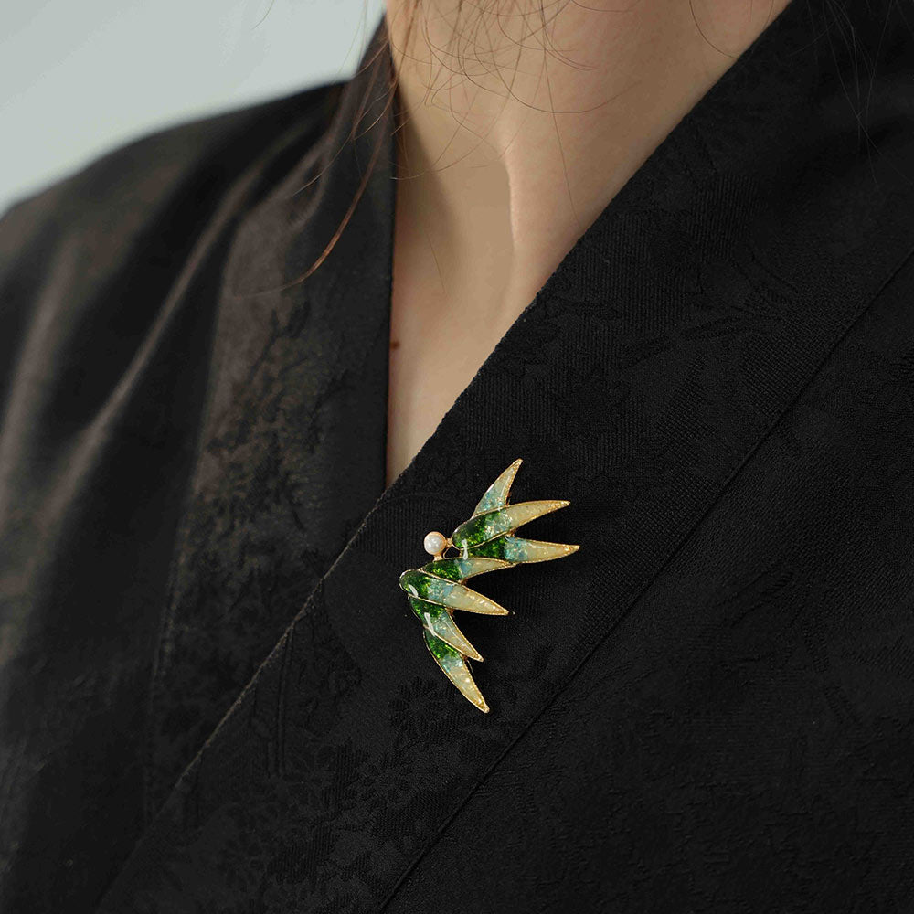 Jade Green Stone Inlay Bamboo Leaf Brooch