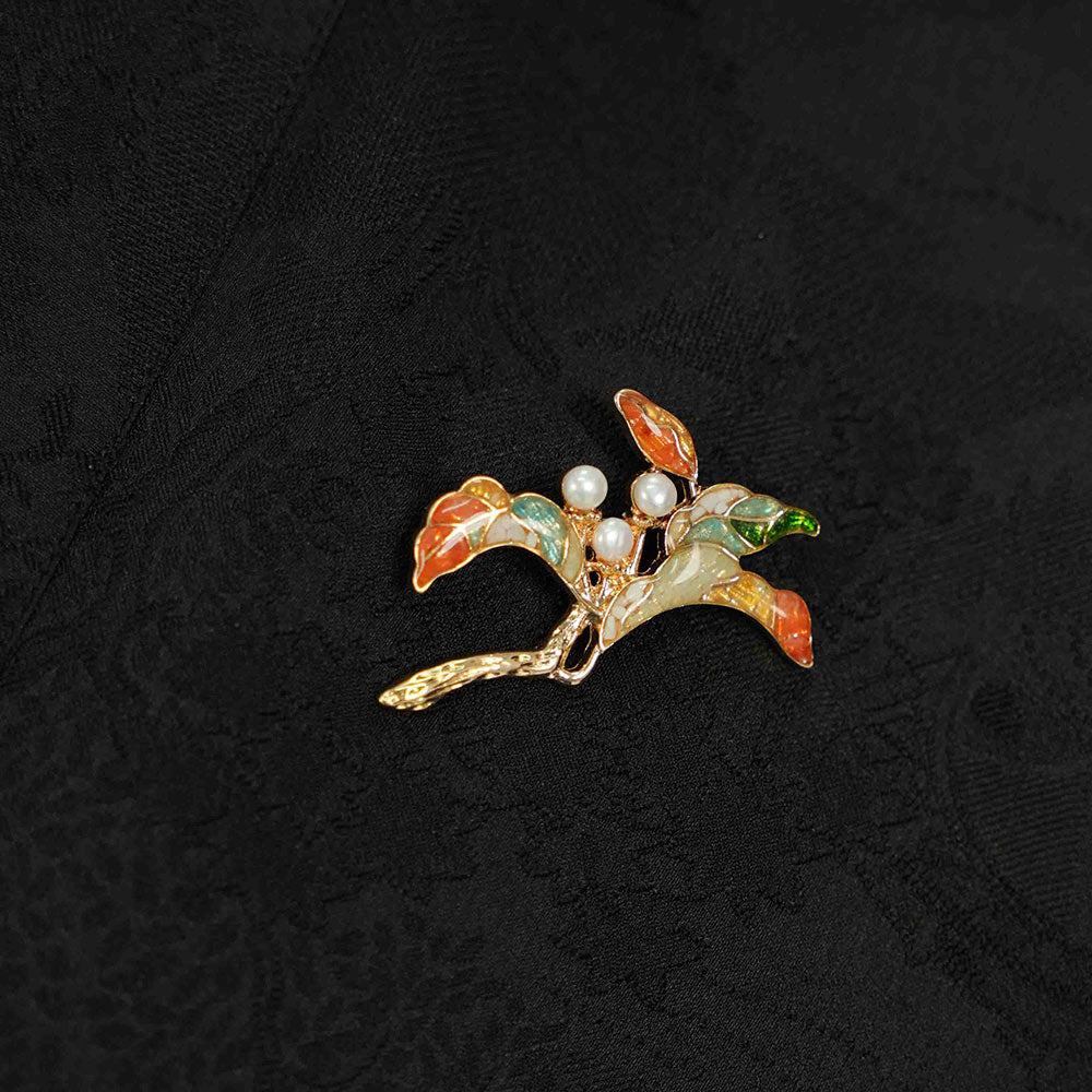 Color Stone Inlay Pearl Multi-Gem Floral Branch Brooch
