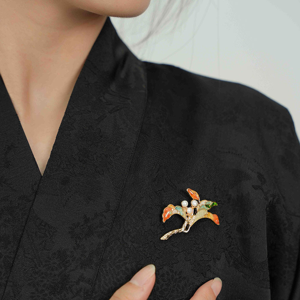 Color Stone Inlay Pearl Multi-Gem Floral Branch Brooch