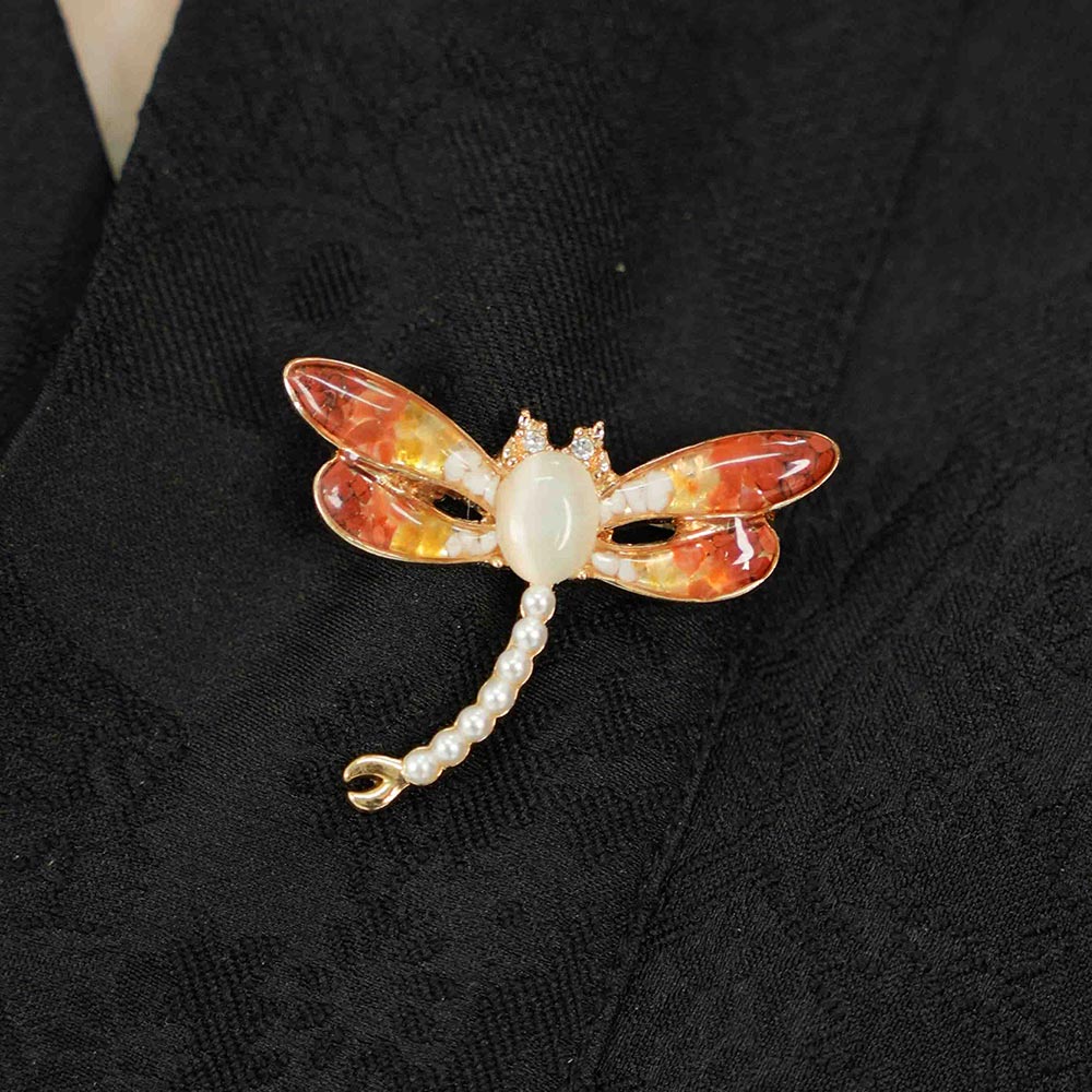 Color Stone Inlay Brooch Dragonfly, Prosperous Red