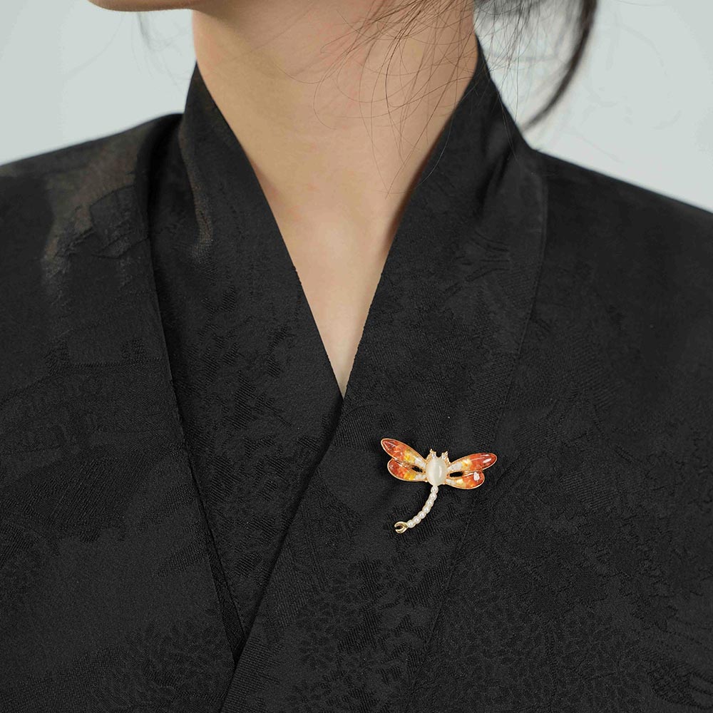Color Stone Inlay Brooch Dragonfly, Prosperous Red