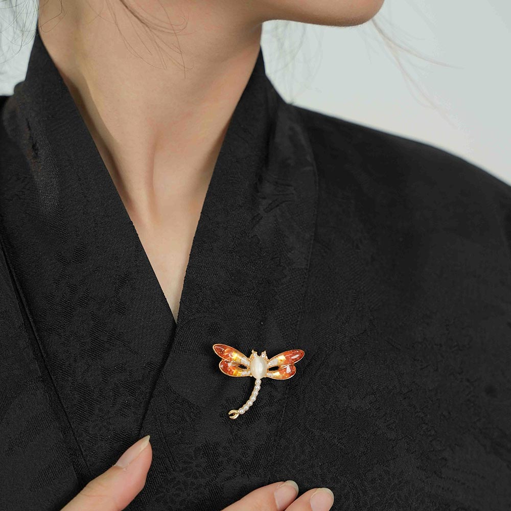 Color Stone Inlay Brooch Dragonfly, Prosperous Red