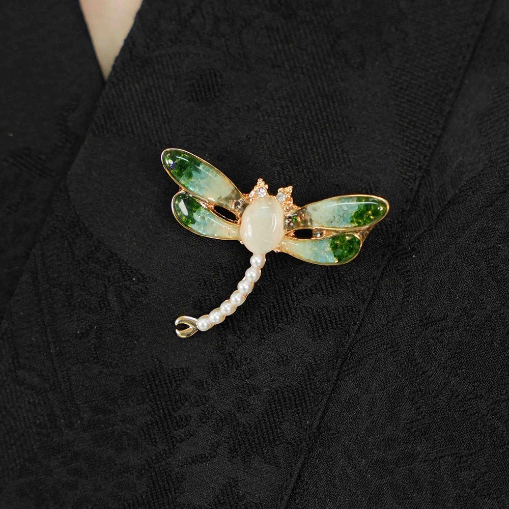 Jade Green Stone Inlay Dragonfly Shape Brooch