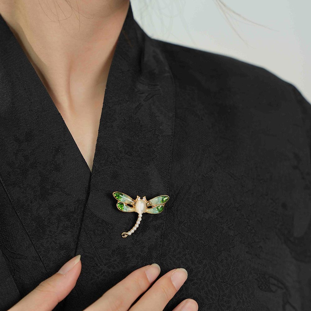 Jade Green Stone Inlay Dragonfly Shape Brooch