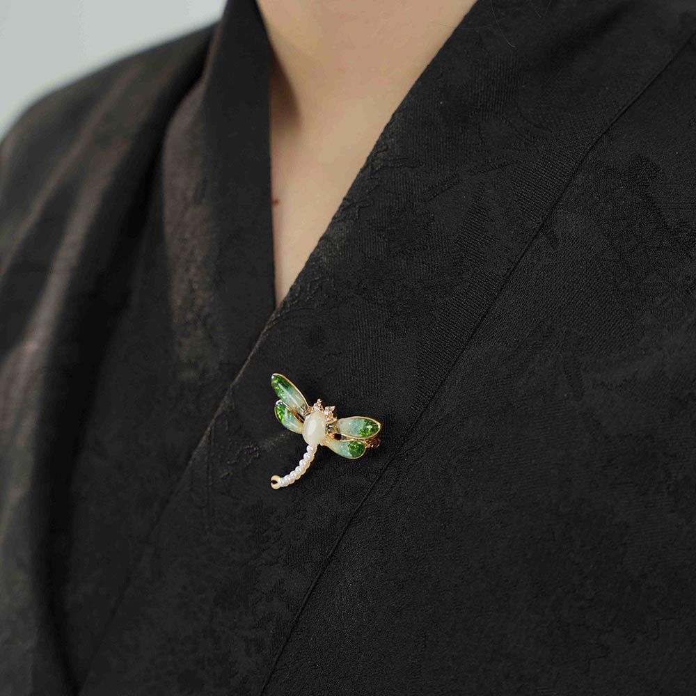 Jade Green Stone Inlay Dragonfly Shape Brooch