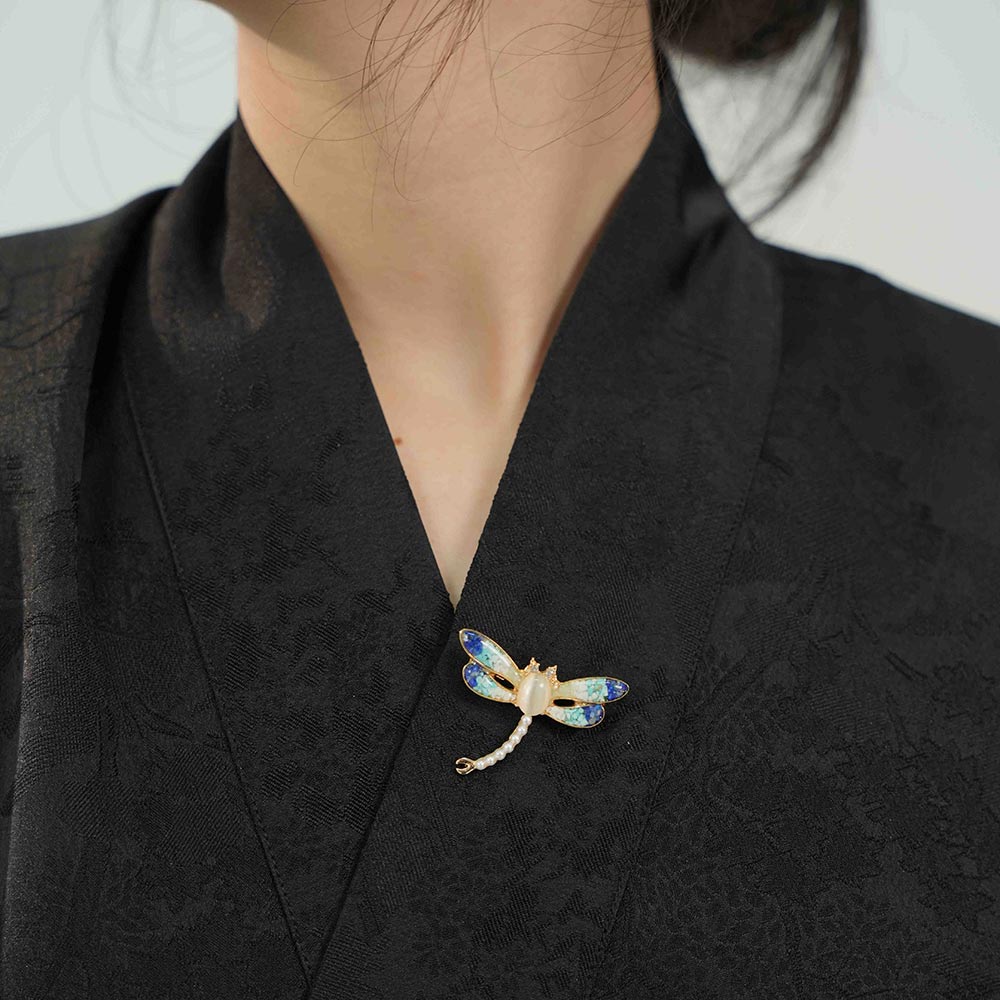 Lapis Dragonfly Brooch – Blue & White Porcelain