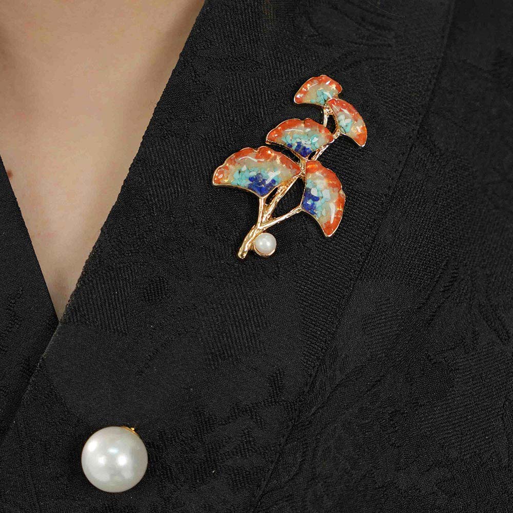 Gem Inlay Dunhuang-Colored Pearl Ginkgo Leaf Brooch