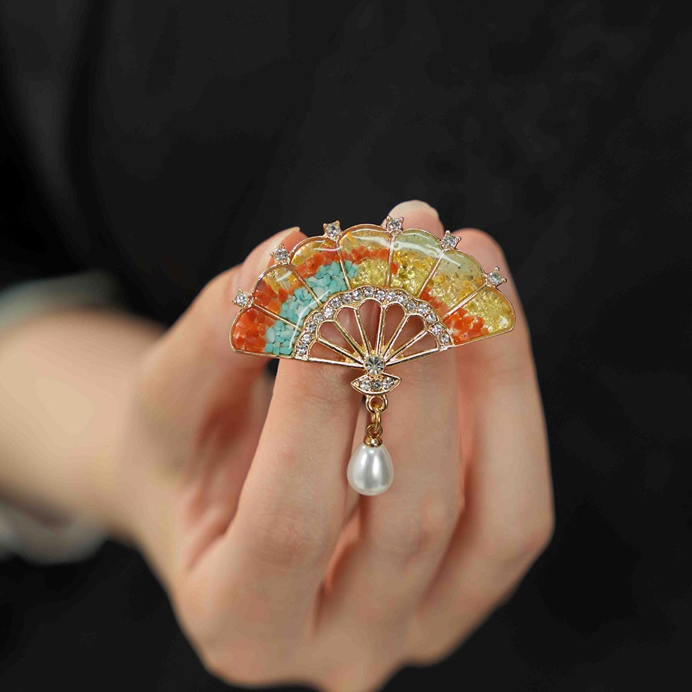 Dunhuang Tone Gem Inlay Fan Brooch with Pearl
