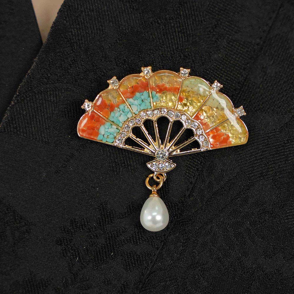 Dunhuang Tone Gem Inlay Fan Brooch with Pearl