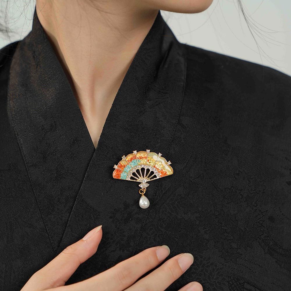 Dunhuang Tone Gem Inlay Fan Brooch with Pearl