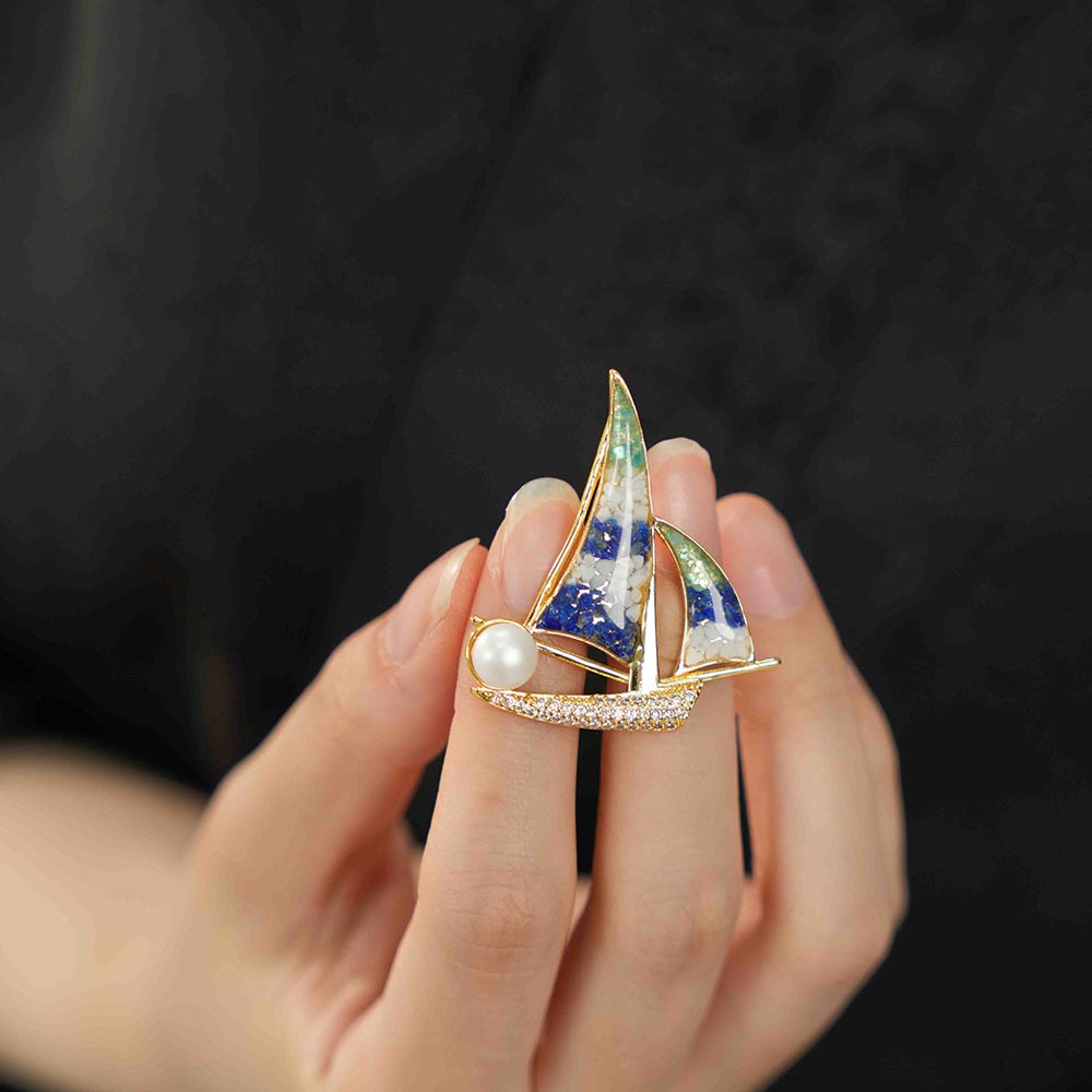 Color Stone Inlay Brooch – Sailboat, Blue & White Style
