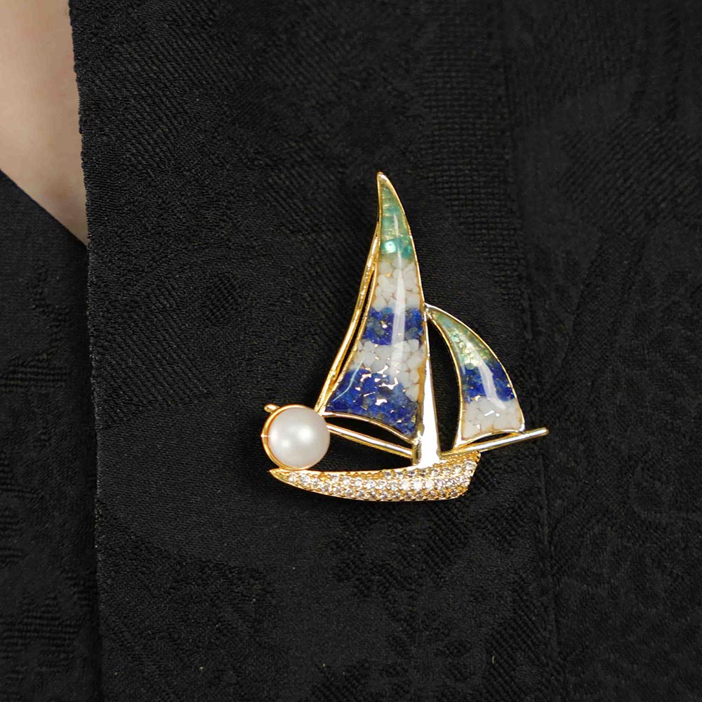 Color Stone Inlay Brooch – Sailboat, Blue & White Style