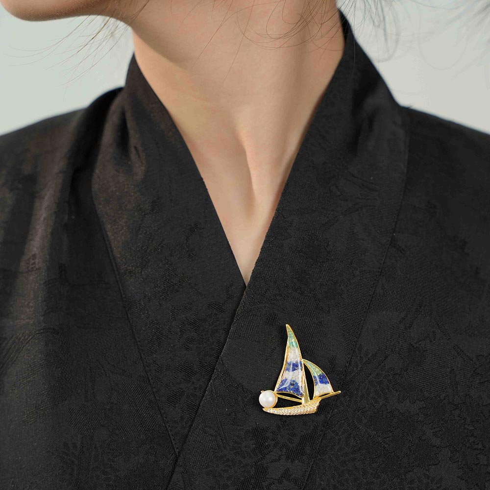 Color Stone Inlay Brooch – Sailboat, Blue & White Style