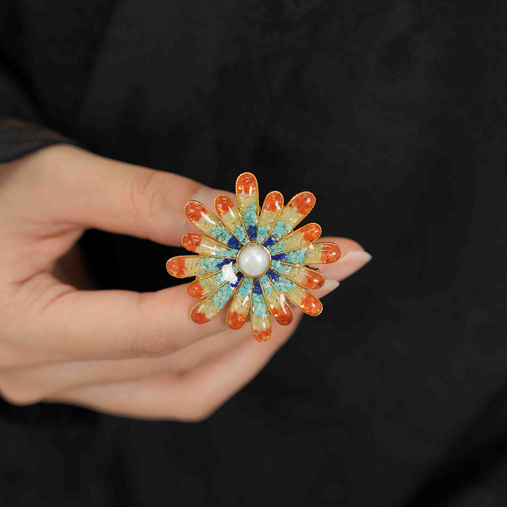 Dunhuang Stone Inlay Chrysanthemum Brooch