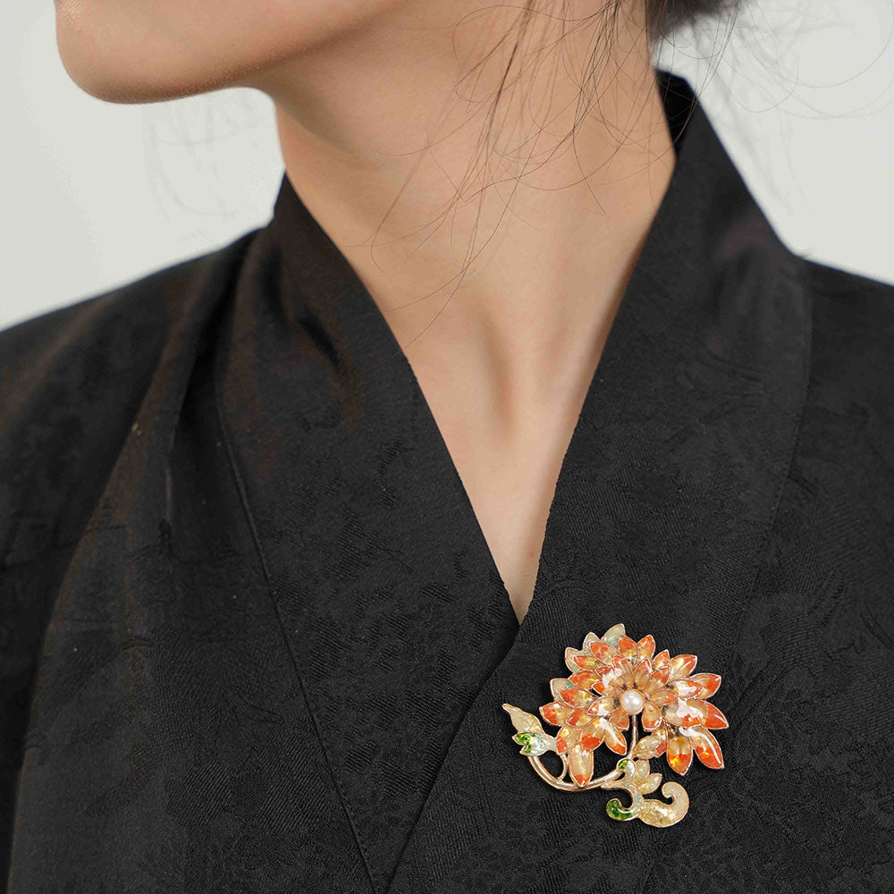 Red Stone Inlay Floral Chrysanthemum Brooch