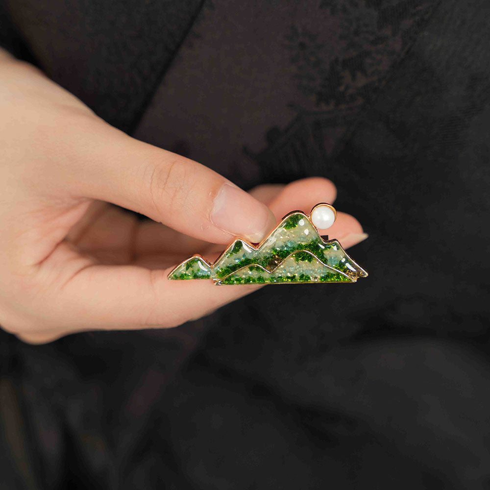 Inlaid Stone Jade Green Landscape Brooch