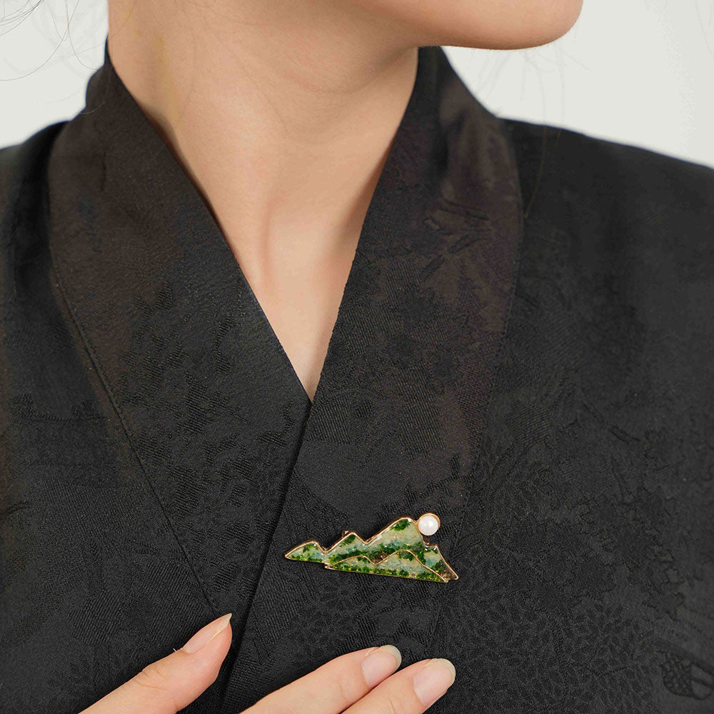 Inlaid Stone Jade Green Landscape Brooch