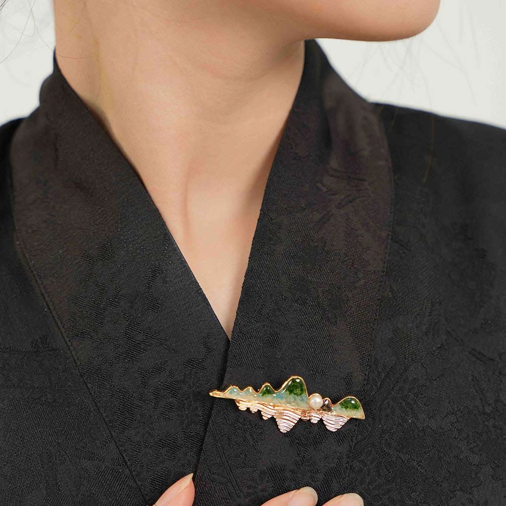Gem Inlay Jade Green Landscape Reflection Brooch