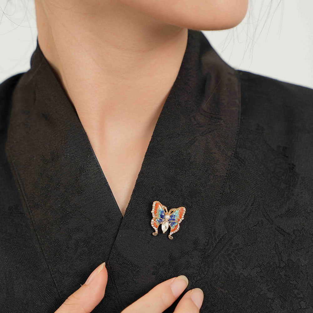 Dunhuang Color Gem Inlay Pearl Butterfly Brooch