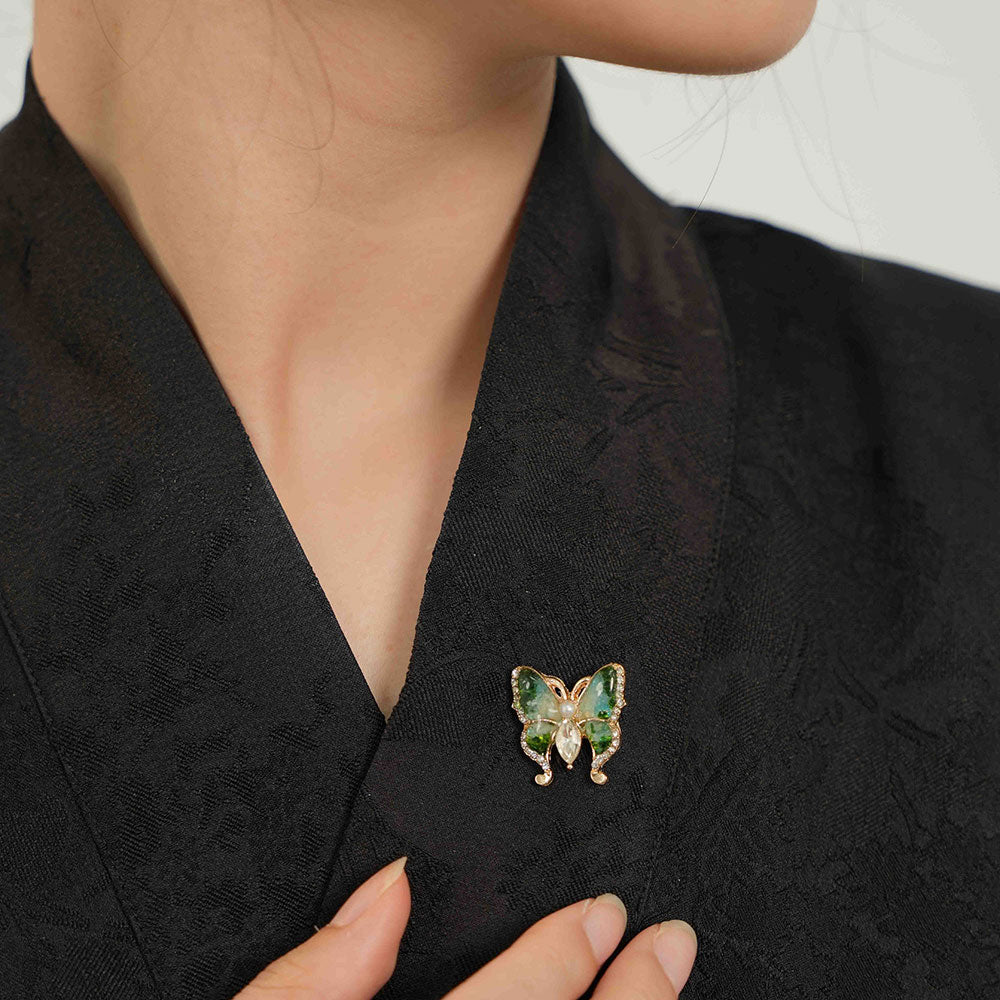 Jade Green Gem Inlay Butterfly Brooch with Pearl