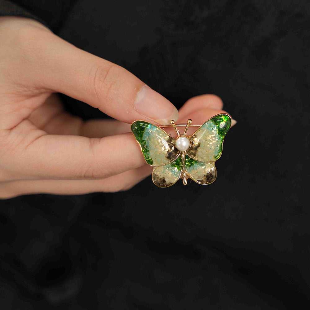 Vintage Jade Green Stone Inlay Butterfly Brooch