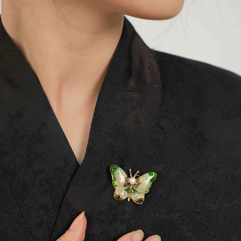 Vintage Jade Green Stone Inlay Butterfly Brooch