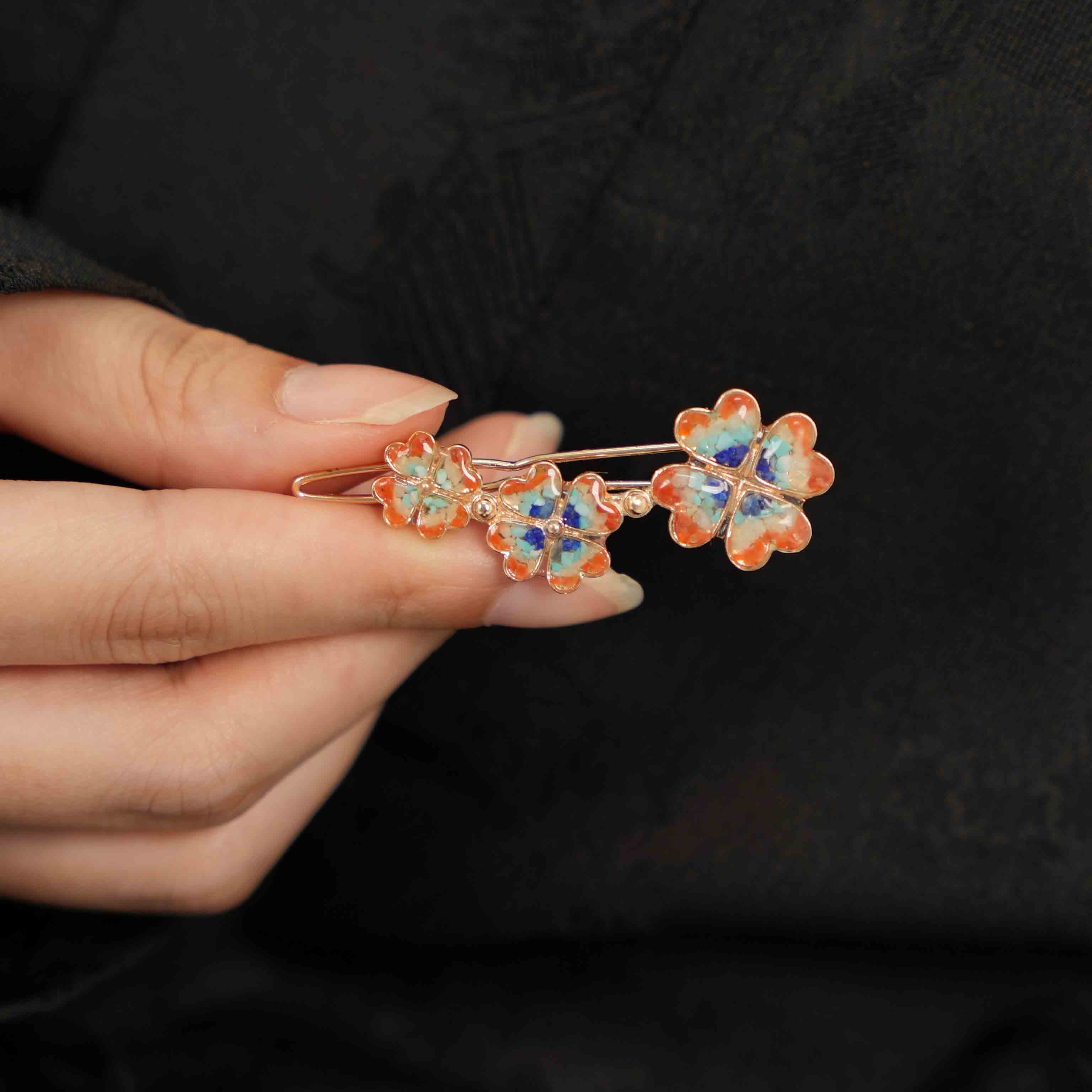Colorful Stone Inlaid Dunhuang-style Four-Leaf Clover Hair Clip