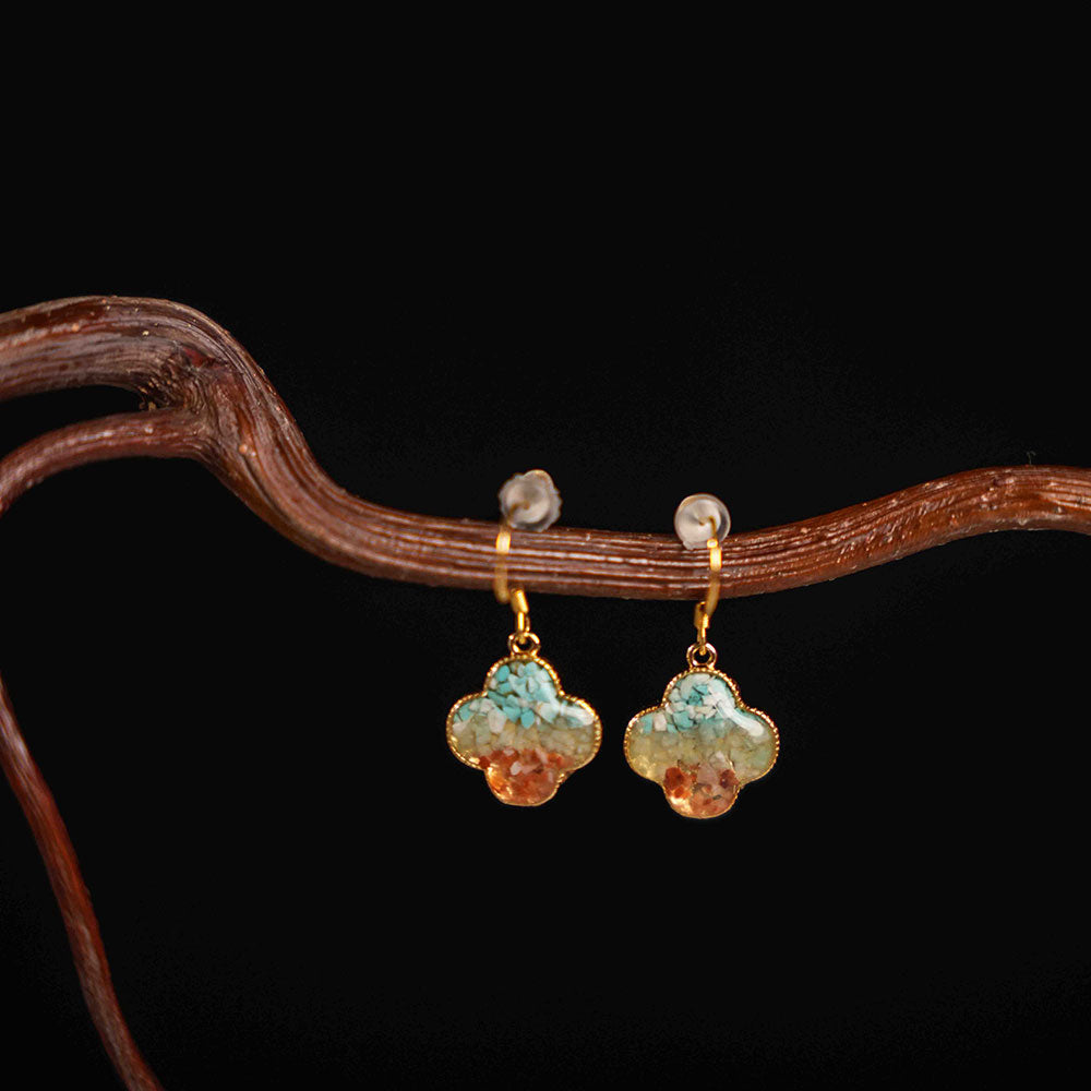 Color Stone Inlay Earrings: Dunhuang Red Four-Leaf Clover Design