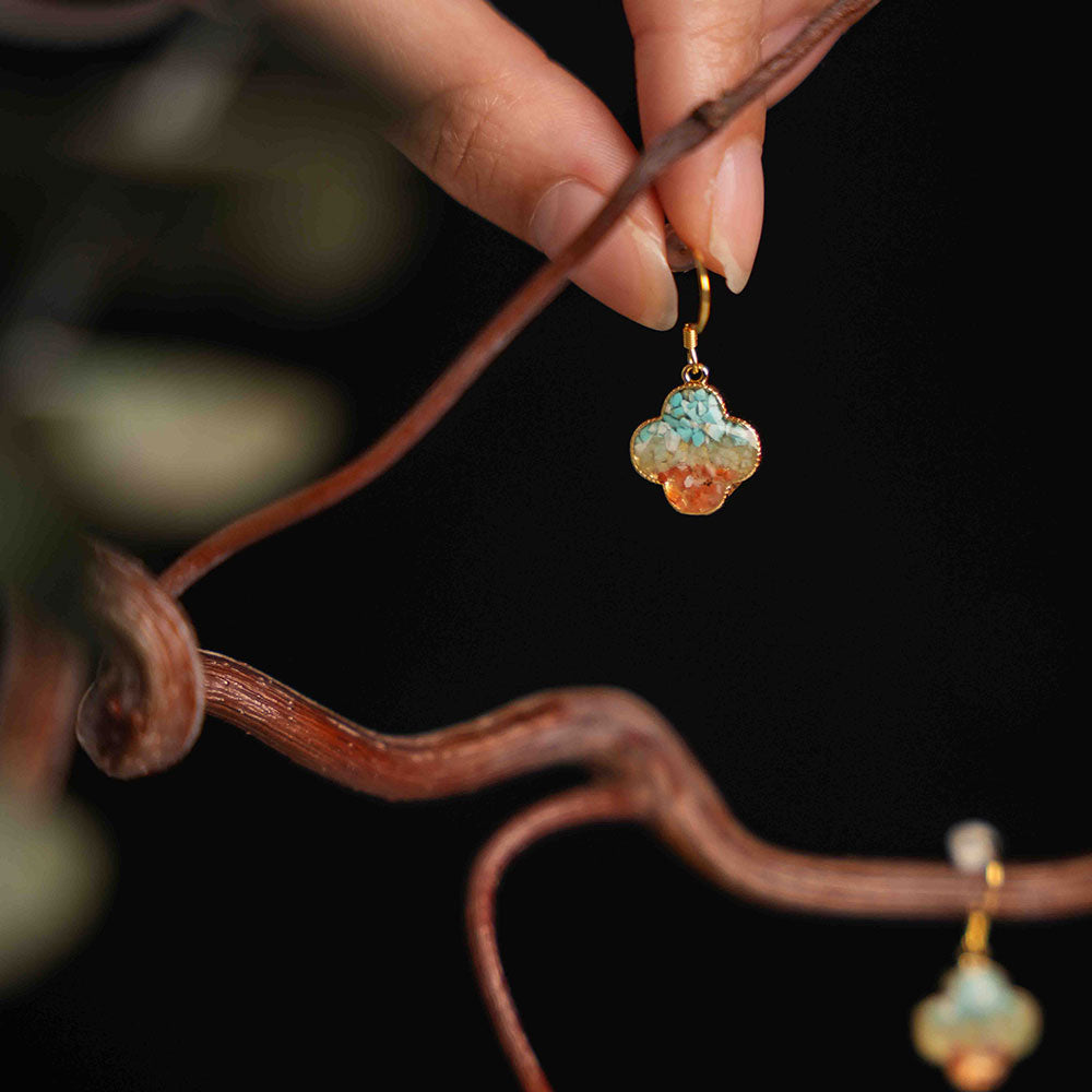 Color Stone Inlay Earrings: Dunhuang Red Four-Leaf Clover Design