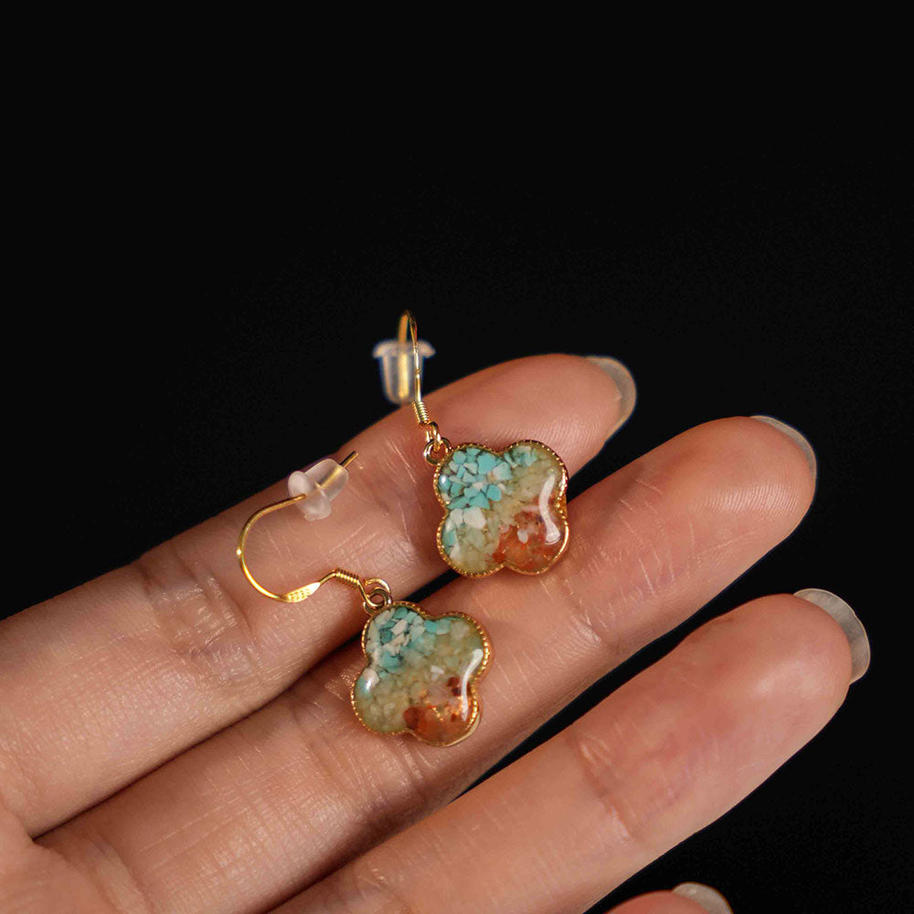 Color Stone Inlay Earrings: Dunhuang Red Four-Leaf Clover Design