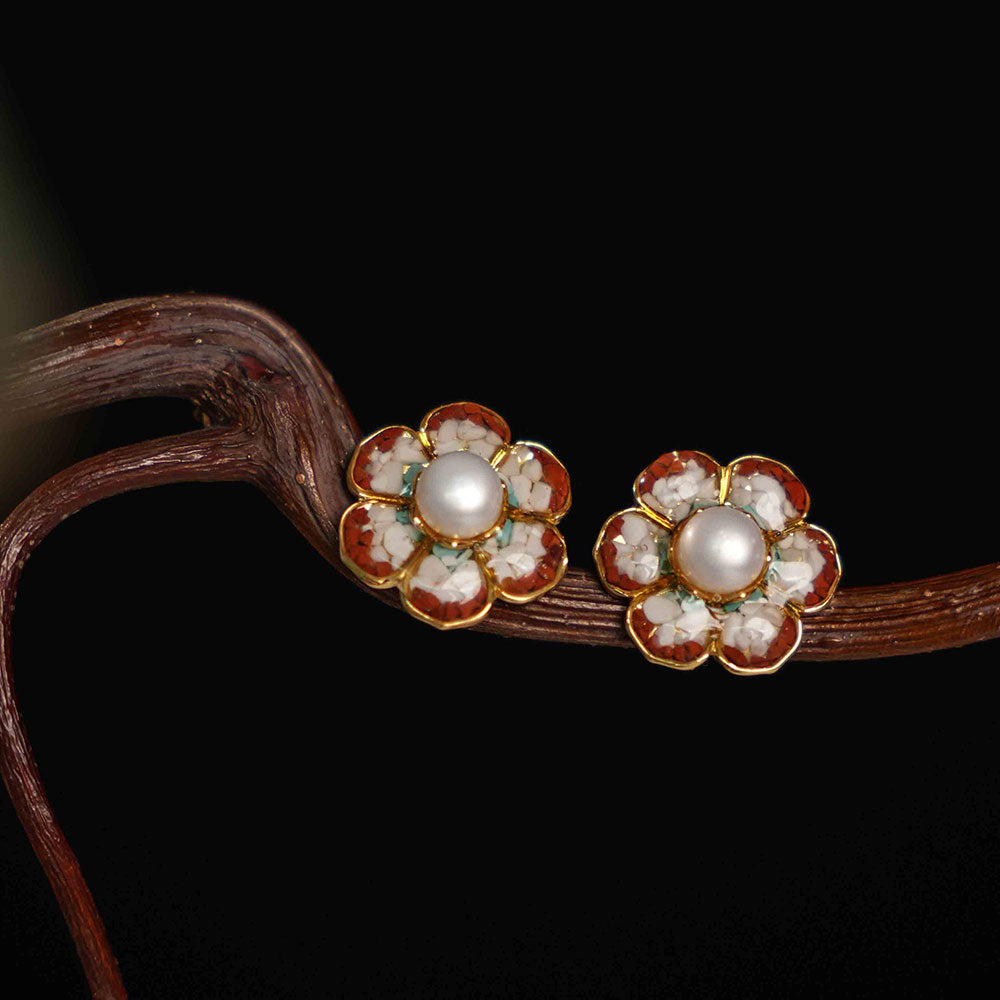 Dunhuang Baoxiang Flower Red Stud Earrings