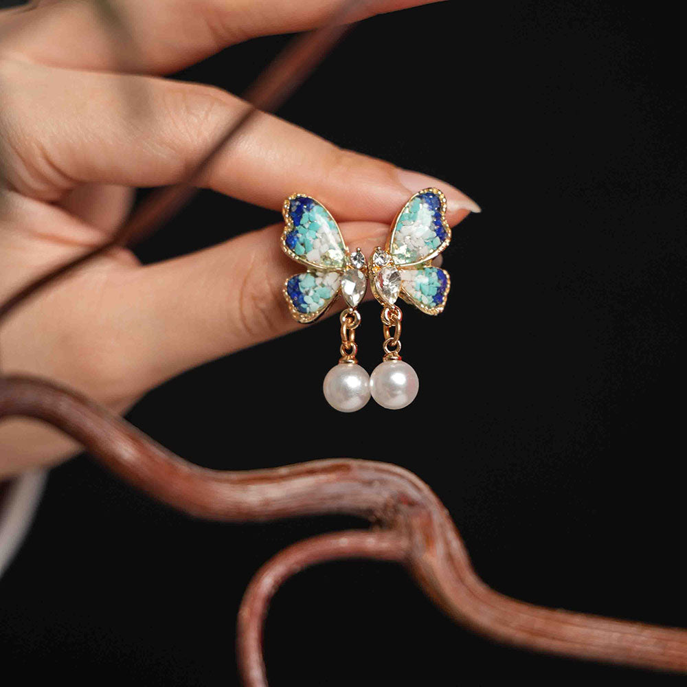 Blue & White Pearl Butterfly Wing Stud Earrings