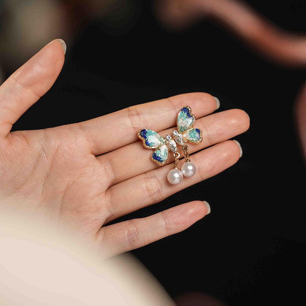 Blue & White Pearl Butterfly Wing Stud Earrings