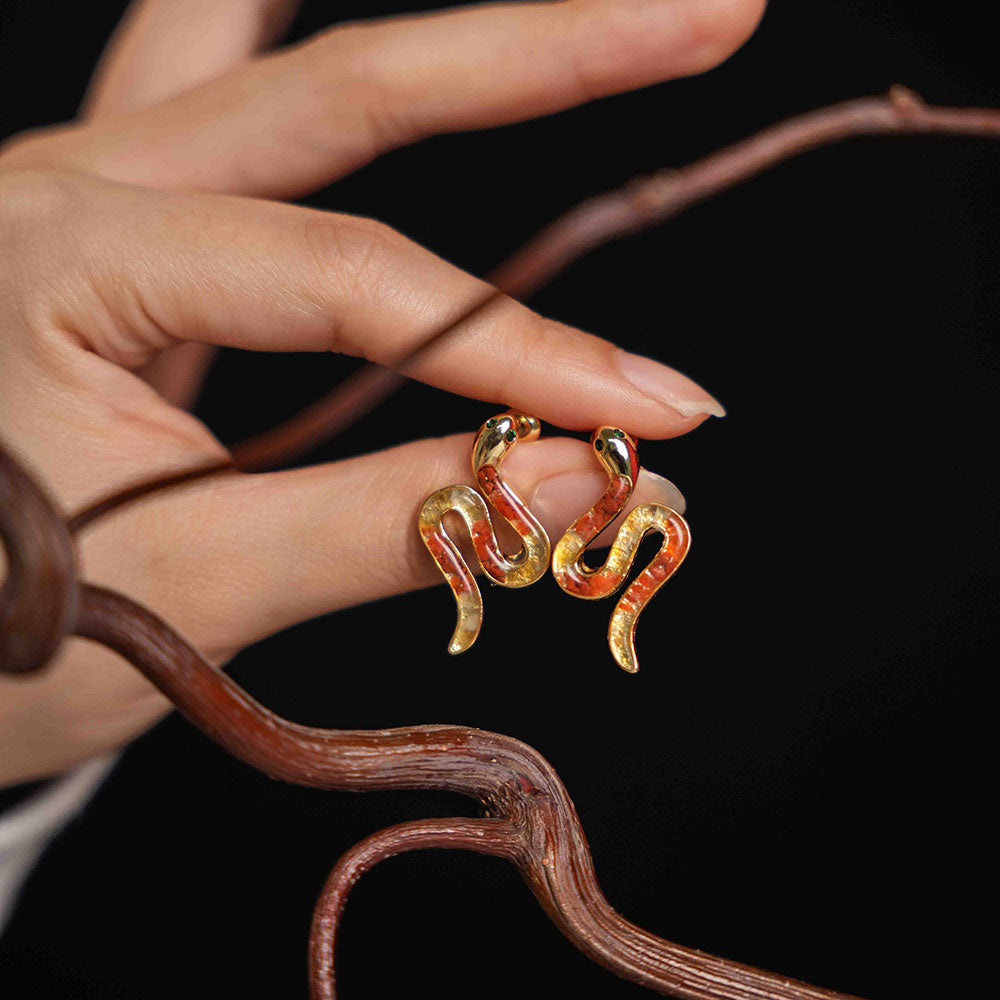 Color Stone Inlay Snake Stud Earrings – Red & Prosperous Series