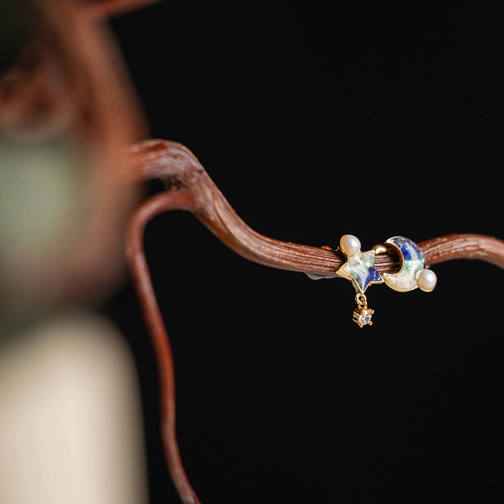 Color Stone Inlay Star & Moon Blue & White Stud Earrings