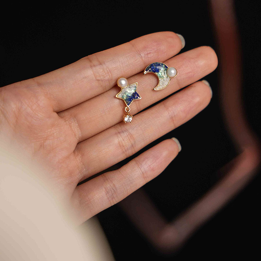 Color Stone Inlay Star & Moon Blue & White Stud Earrings