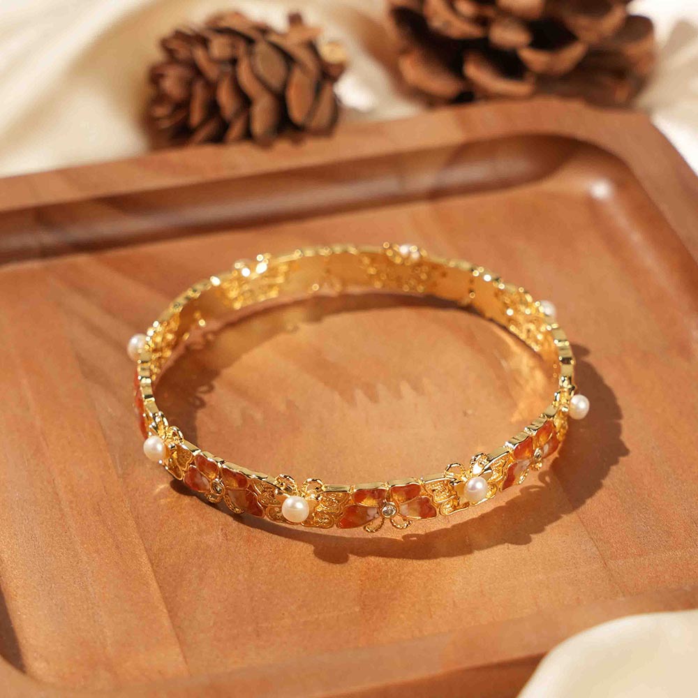 Color Stone Inlay Heavy-duty Pearl Bracelet – Openwork Peach Blossom Design