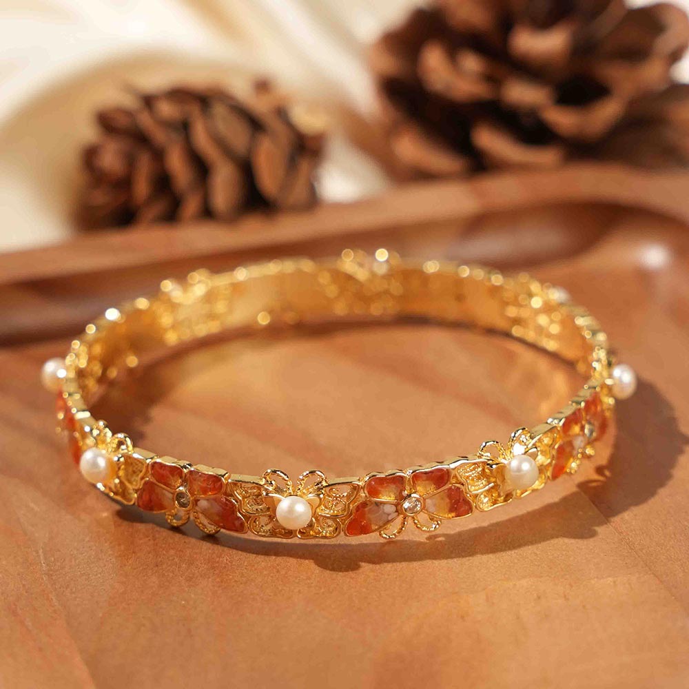 Color Stone Inlay Heavy-duty Pearl Bracelet – Openwork Peach Blossom Design