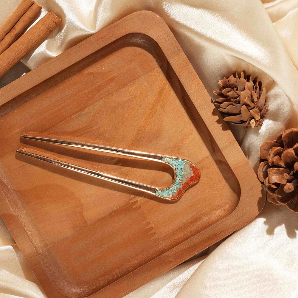 Color Stone Inlay Nanhong Freeform Hairpin, Dunhuang Red
