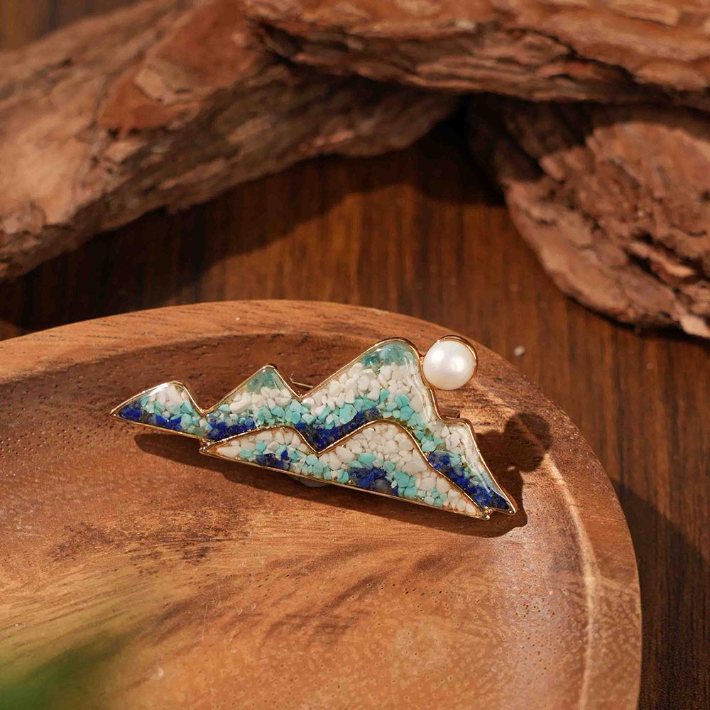 Lapis Lazuli Landscape Brooch with Inlaid Colored Stones